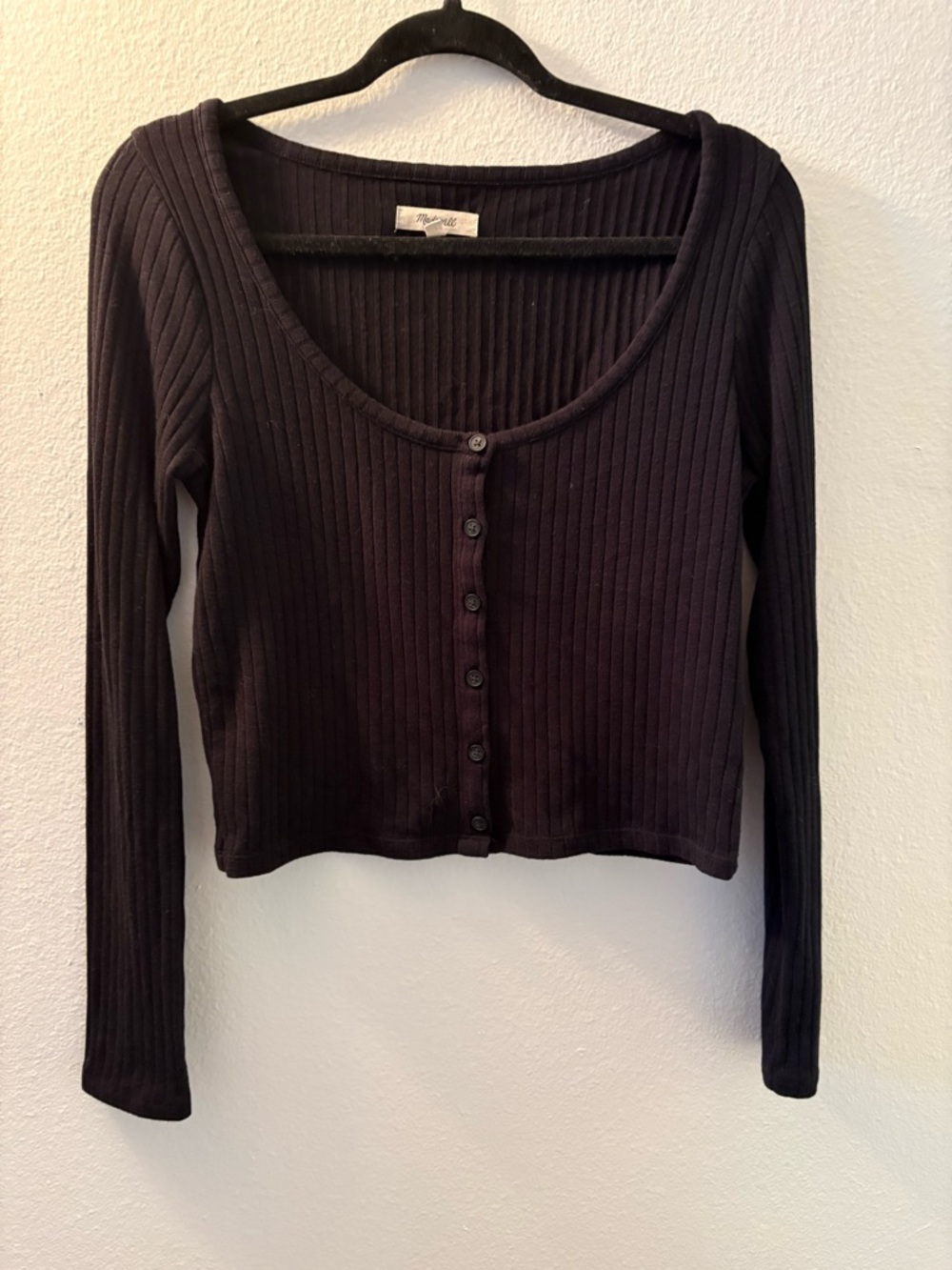 Madewell Ribbed Button-Front Long Sleeve Top - Black